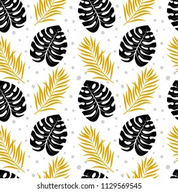 Tropical seamless pattern. Summer black and gold background. Jungle leaves. Vector illustration.