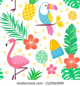 Tropical seamless pattern. Summer colorful background. Jungle birds, leaves, fruits. Vector illustration.