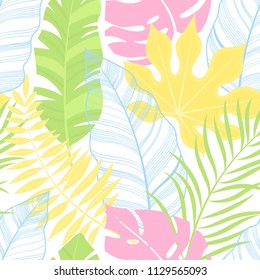 Tropical seamless pattern. Summer colorful background. Jungle birds, leaves, fruits. Vector illustration.