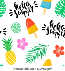 Tropical seamless pattern. Summer colorful background. Jungle leaves, fruits. Vector illustration.
