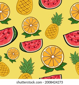 Tropical seamless pattern for summer, consisting of pineapple, watermelon and orange in bright color design. seamless fruit pattern. Vector