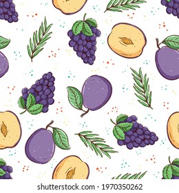 tropical seamless pattern. summer pattern with grape, peach and leaves on white backgroud