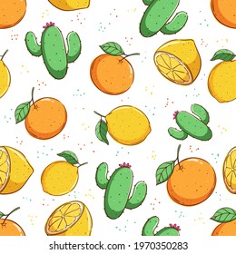 tropical seamless pattern. summer pattern with orange fruit, lemon and cactus on white backgroud