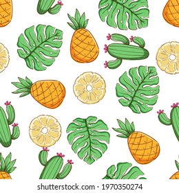 tropical seamless pattern. summer pattern with pineapple, cactus and monstera leaves on white backgroud