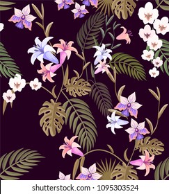  Tropical seamless pattern. Summer print witch floral plant, palm leaves and flowers.