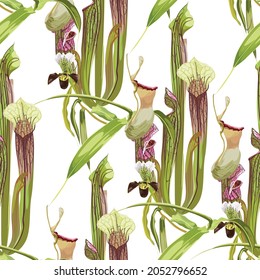 Tropical seamless pattern. Summer print. Jungle rainforest. Sarracenia, genus of carnivorous plants and orchids. Monkey cups exotic plant. Seamless floral pattern with exotic flowers and palm leaves.