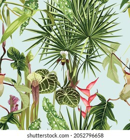 Tropical seamless pattern. Summer print. Jungle rainforest. Sarracenia, genus of carnivorous plants. Monkey cups exotic plant. Seamless floral pattern with exotic flowers and palm leaves.