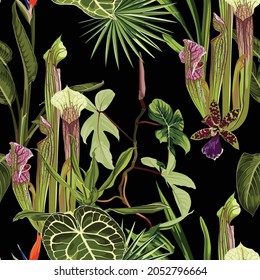 Tropical seamless pattern. Summer print. Jungle rainforest. Sarracenia, genus of carnivorous plants. Monkey cups exotic liana plant. Seamless floral pattern with exotic flowers and palm leaves.