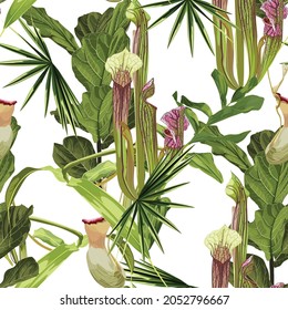 Tropical seamless pattern. Summer print. Jungle rainforest. Sarracenia, genus of carnivorous plants. Monkey cups exotic plant. Seamless floral pattern with exotic flowers and palm leaves.