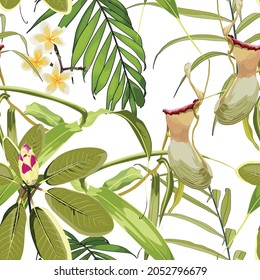 Tropical seamless pattern. Summer print. Jungle rainforest. Nepenthes, genus of carnivorous plants. Monkey cups exotic liana plant. Seamless floral pattern with exotic flowers and palm leaves.