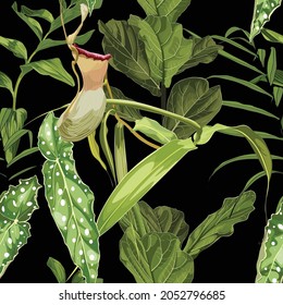 Tropical seamless pattern. Summer print. Jungle rainforest. Nepenthes, genus of carnivorous plants. Monkey cups exotic liana plant. Seamless floral pattern with exotic flowers and palm leaves.