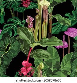 Tropical seamless pattern. Summer print. Jungle rainforest. Sarracenia, genus of carnivorous plants. Monkey cups exotic plant. Seamless floral pattern with exotic flowers and palm leaves on black.