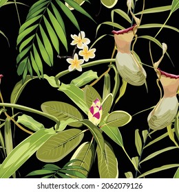 Tropical seamless pattern. Summer print. Jungle rainforest. Nepenthes, genus of carnivorous plants. Monkey cups exotic liana plant. Seamless floral pattern with exotic flowers and palm leaves.