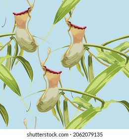 Tropisches nahtloses Muster. Sommerdruck. Dschungel-Regenwald. Nepenthes, Gattung von Fleischfressern. Affen bechern exotische Limanenpflanzen. Nahtlose Blumenmuster mit exotischen Blumen und Blättern.