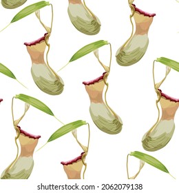 Tropical seamless pattern. Summer print. Jungle rainforest. Nepenthes, genus of carnivorous plants. Monkey cups exotic liana plant. Seamless floral pattern with exotic flowers and leaves.