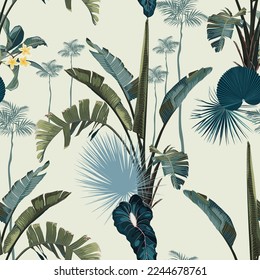 Tropical seamless pattern. Summer print. Jungle rainforest. Exotic plant, bananas, palms leaves. Seamless floral pattern with exotic flowers and palm leaves.