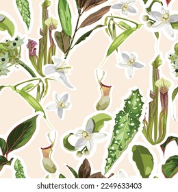 Tropical seamless pattern. Summer print. Jungle rainforest. Sarracenia, genus of carnivorous plants. Monkey cups exotic plant. Seamless floral pattern with exotic flowers and palm leaves.