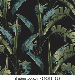 Tropical seamless pattern. Summer print. Jungle rainforest. Exotic plant, bananas, palms leaves. 