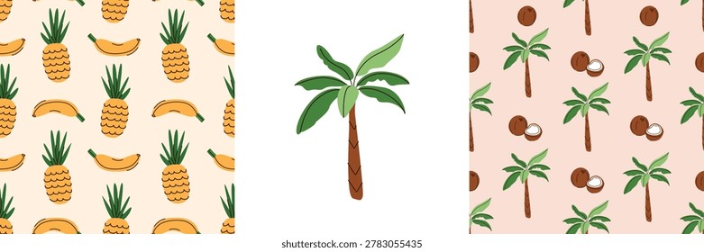 Tropical seamless pattern. Surface design with pineapples, bananas, coconuts and palm trees. Cute summer vector illustration. Background with eco-friendly healthy fruits.