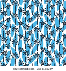 Tropical seamless pattern with surfboards and palms. Ocean flat background. Surface cover design. Fabric textile print.