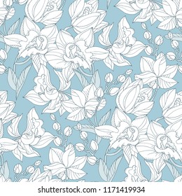 Tropical seamless pattern with tender orchid flowers in line style. Floral exotic repeatable motif for background, wrapping paper, fabric, surface design 
