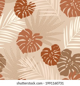 Tropical seamless pattern with terracotta dotted palm leaves silhouettes. Jungle stipple vector art. Luxury halftone art. Exotic background for summer design, swimwear, t-shirt, fabric, wallpaper