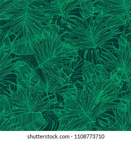 Tropical seamless pattern. Texture with banana leaves, palm and  monstera. Vector illustration. 