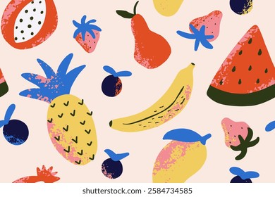 Tropical seamless pattern with textured fruits. Print with banana, mango, pineapple, pear, watermelon, pomegranate. Vector illustration for fabric, cover, textile. 