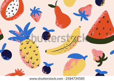 Tropical seamless pattern with textured fruits. Print with banana, mango, pineapple, pear, watermelon, pomegranate. Vector illustration for fabric, cover, textile. 