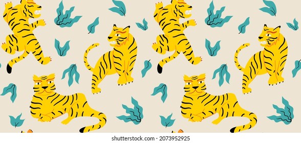 Patrón tropical sin costuras con tigres al estilo asiático. Fondo del vector beige