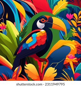 Tropical seamless pattern with toucan bird. Vector illustration.