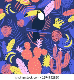 Tropical seamless pattern with toucan  cactuses and exotic leaves. Vector illustration