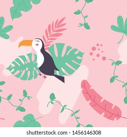 Tropical seamless pattern with toucan,  cactuses and exotic leaves. Vector illustration print