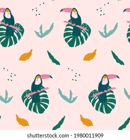 Tropical seamless pattern with toucan, exotic leaves. Vector illustration