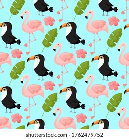 Tropical seamless pattern with toucan, flamingos and exotic leaves. Vector illustration. Vector illustration
