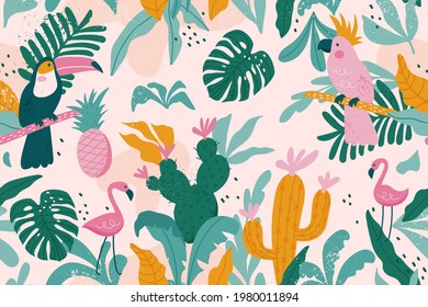 Tropical seamless pattern with toucan, flamingos, parrot,  cactuses and exotic leaves. Vector illustration