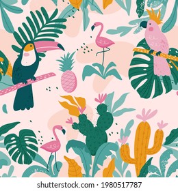 Tropical seamless pattern with toucan, flamingos, parrot,  cactuses and exotic leaves. Vector illustration