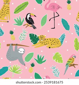 Padrão tropical sem emenda com tucano, flamingos, papagaio, cactos e folhas exóticas. Ilustração vetorial
