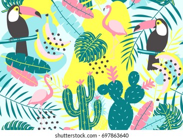 Tropical seamless pattern with toucan, flamingos, cactuses and exotic leaves. Vector illustration