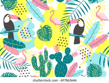 Tropical seamless pattern with toucan, flamingos, cactuses and exotic leaves. Vector illustration
