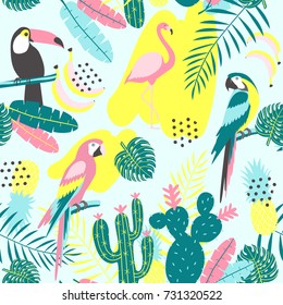 Tropical seamless pattern with toucan, flamingos, parrot, cactuses and exotic leaves. Vector illustration