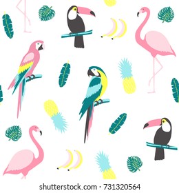 Tropical seamless pattern with toucan, flamingos, parrot, cactuses and exotic leaves. Vector illustration