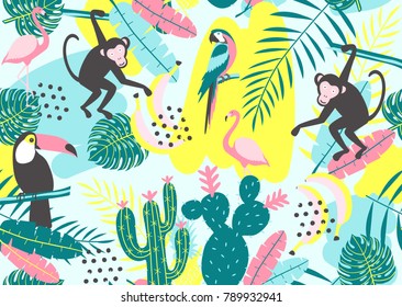 Tropical seamless pattern with toucan, flamingos, parrot, monkey, cactuses and exotic leaves. Vector illustration