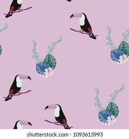 Tropical seamless pattern with toucan, flowers and leaves. Beautiful background with tropical leaves and flowers. Birds of the jungle. For covers, paper, wallpaper and fabric.