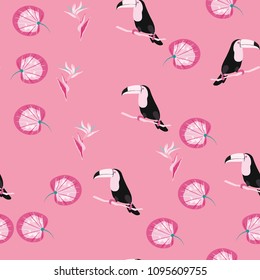 Tropical seamless pattern with toucan, flowers and leaves. Beautiful background with tropical leaves and flowers. Birds of the jungle. For covers, paper, wallpaper and fabric.