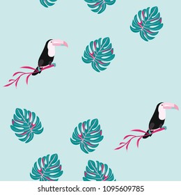 Tropical seamless pattern with toucan, flowers and leaves. Beautiful background with tropical leaves and flowers. Birds of the jungle. For covers, paper, wallpaper and fabric.