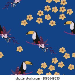 Tropical seamless pattern with toucan, flowers and leaves. A tropical forest with birds. Stylish tropical background with toucan.