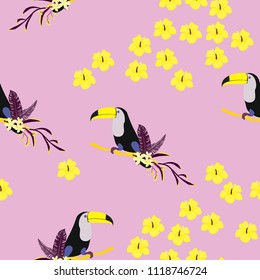 Tropical seamless pattern with toucan, flowers and leaves. A tropical forest with birds. Stylish tropical background with toucan.