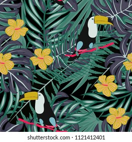 Tropical seamless pattern with toucan, flowers and leaves. Beautiful background with tropical leaves and flowers. Birds of the jungle. For covers, paper, wallpaper and fabric.