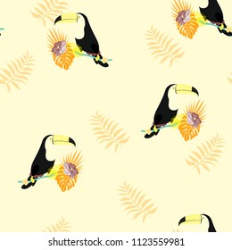 Tropical seamless pattern with toucan, flowers and leaves. A tropical forest with birds. Stylish tropical background with toucan.